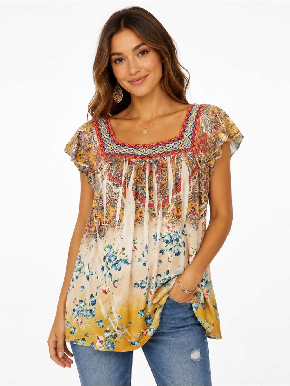 Live and Let Live PL‎ Paisley Floral Boho Tunic Top Flutter Sleeve